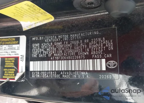 2011 Toyota Camry Le from USA, damaged, VIN 4T1BF3EK4BU226875